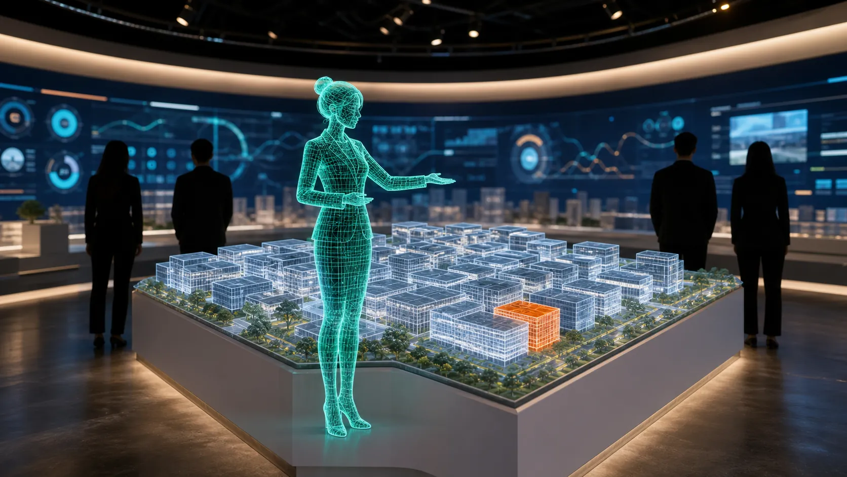 数字人在园区招商展厅讲解 · 全息讲解员+桌上 BIM 沙盘+弧形 LED 屏